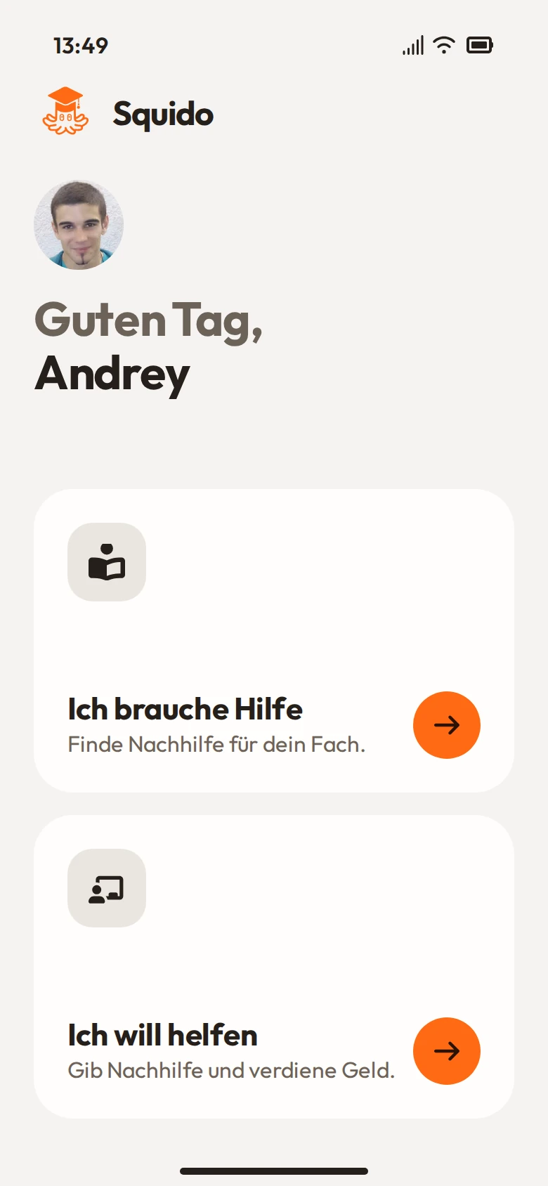 App-Bildschirm: Hauptmenü
