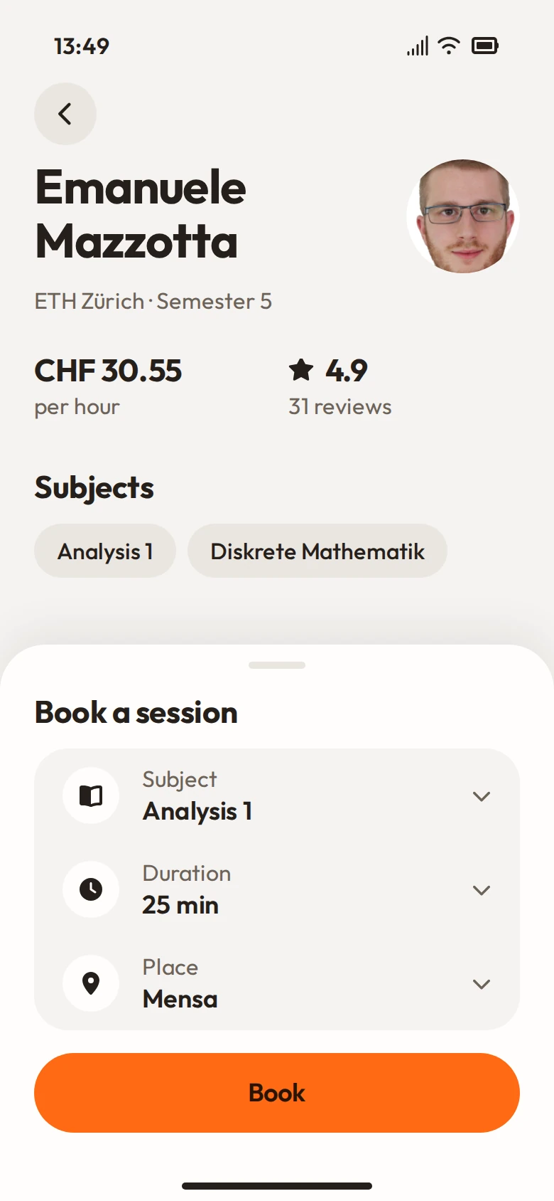 App screen: Book